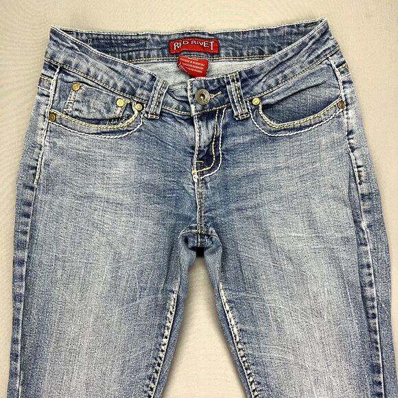 Red Rivet‎ Jeans Women's Blue Light Wash Thick Stitch Skinny Size 5 Flap Pocket - Picture 2 of 15